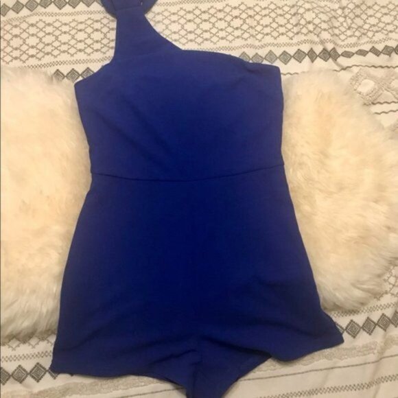 Women's Bright Blue Asymmetrical Sleeveless 90's Style Y2K High-Waisted Romper. - Picture 2 of 10